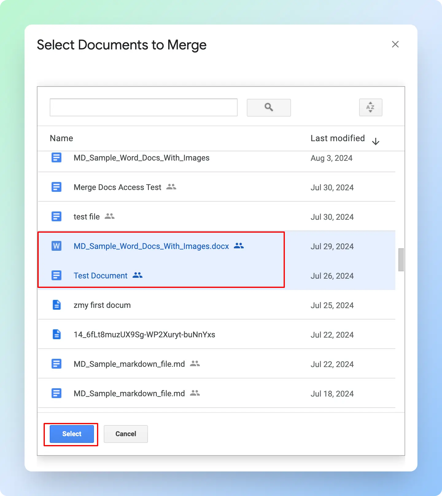 Selecting Google Docs to merge