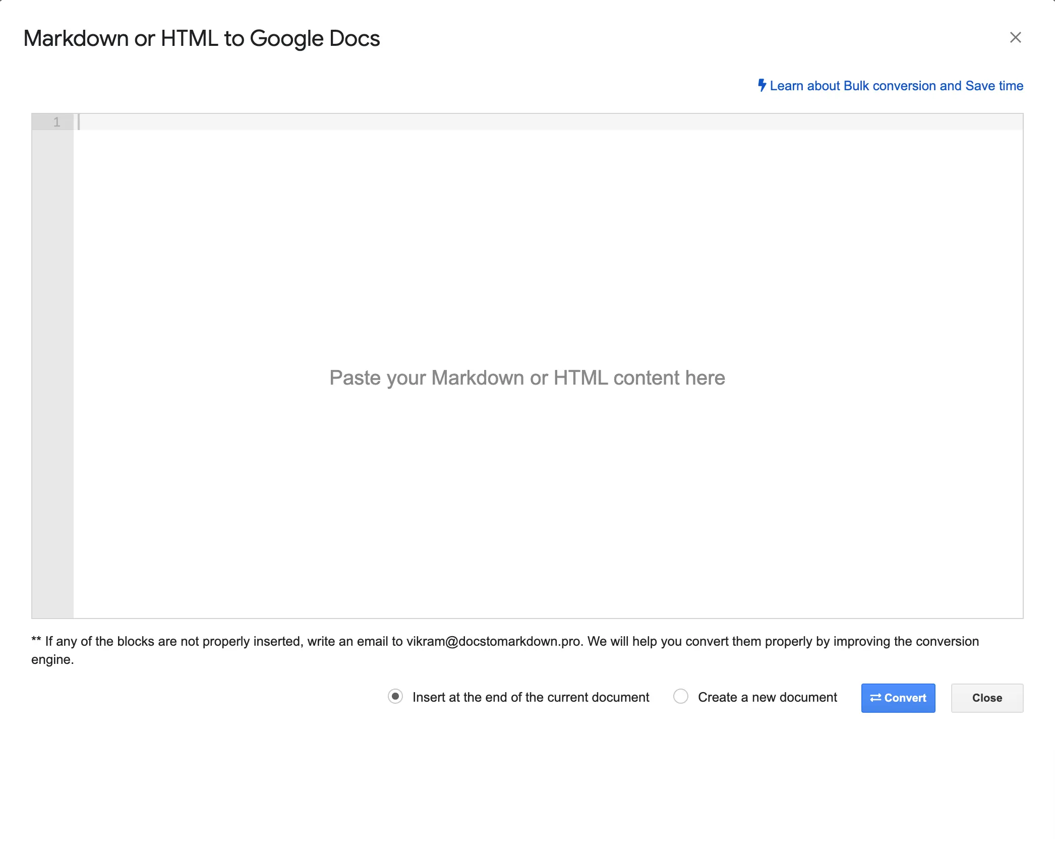 Markdown to Google Docs Dialog