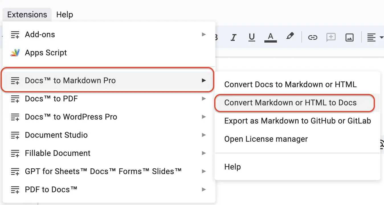 Markdown to Google Docs Menu