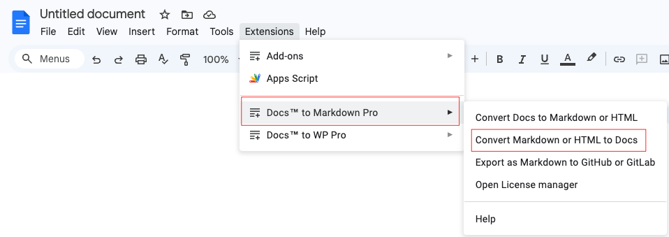 Converting Markdown to Google Docs using Docs to Markdown Pro